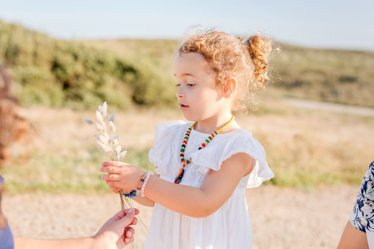 Child in white dress holding dried flowers in golden afternoon light.