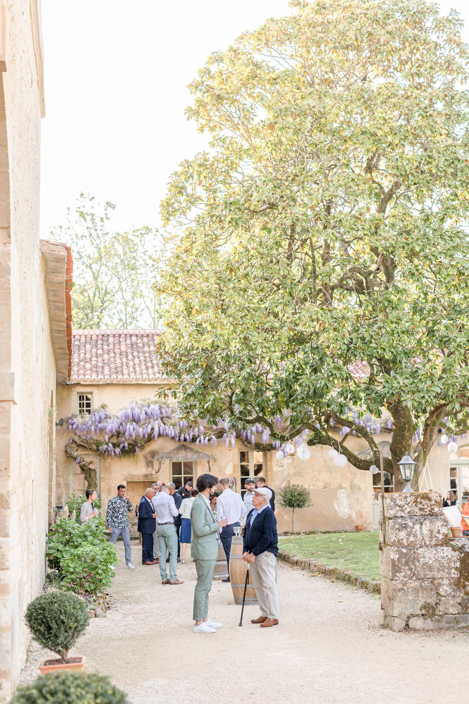 Guests mingling in a courtyard with large trees and stone architecture.