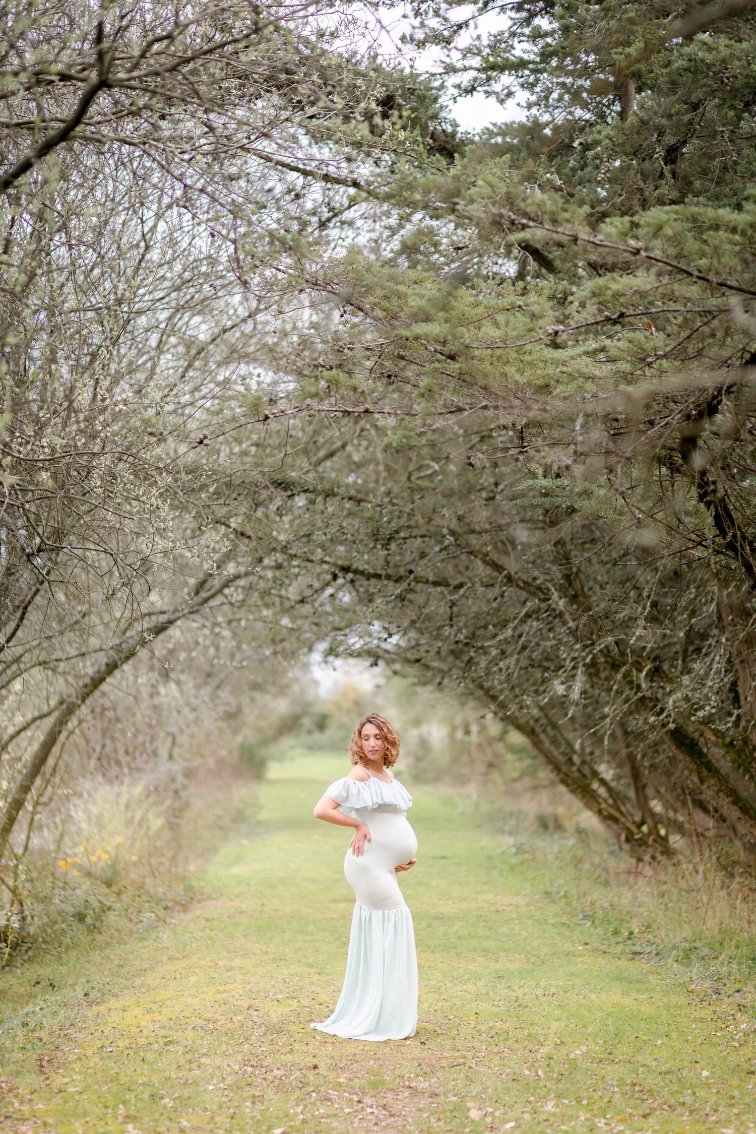 A romantic maternity photo under an archway of trees creating a natural tunnel effect.