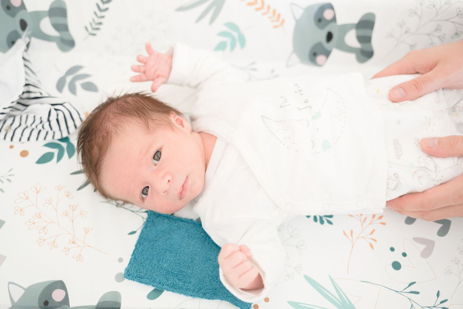 Newborn rests on floral patterned blanket with woodland animal designs.