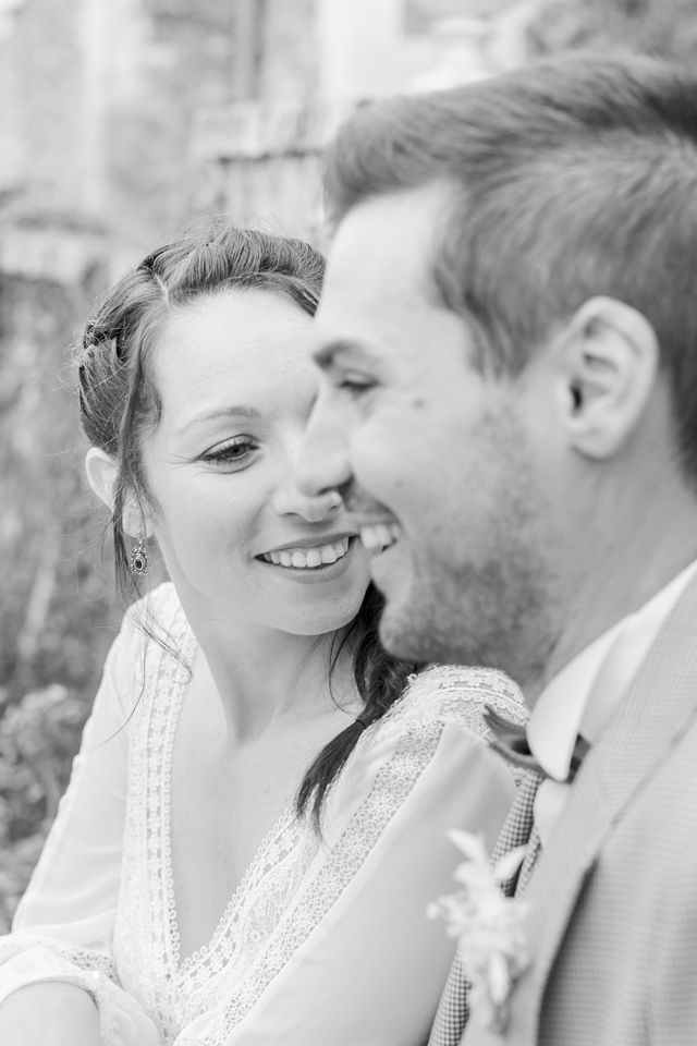 A romantic black and white close-up of a wedding couple sharing a tender moment.