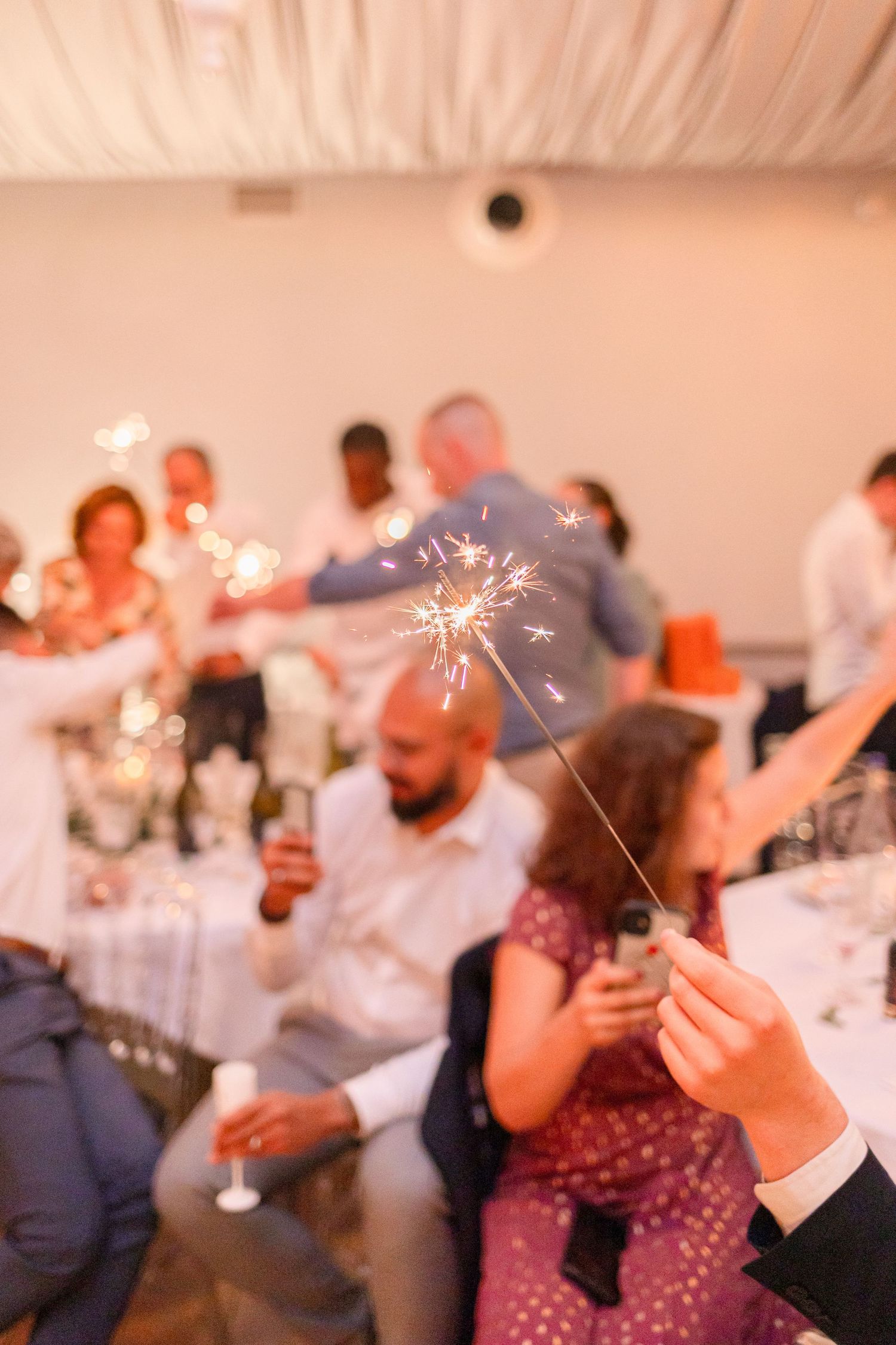 Wedding guests holding sparklers create magical atmosphere during evening reception celebration.