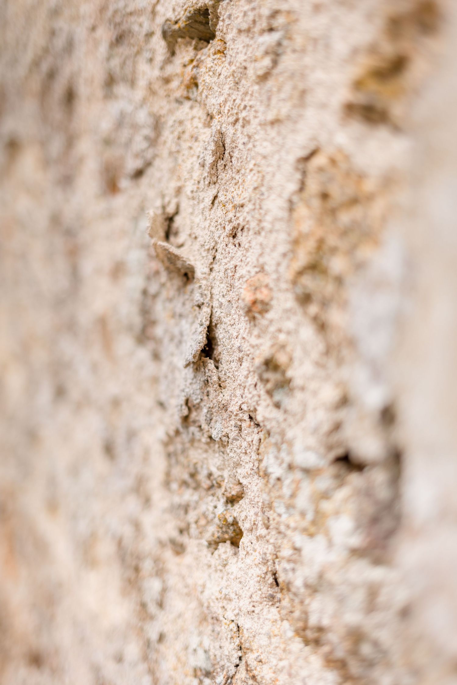 Extreme close-up of a weathered limestone wall texture showing rough surface detail.