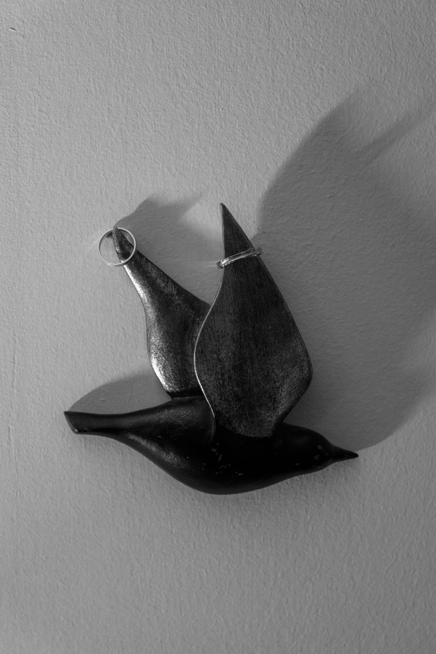Black and white artistic photo of broken ceramic pieces casting shadows.