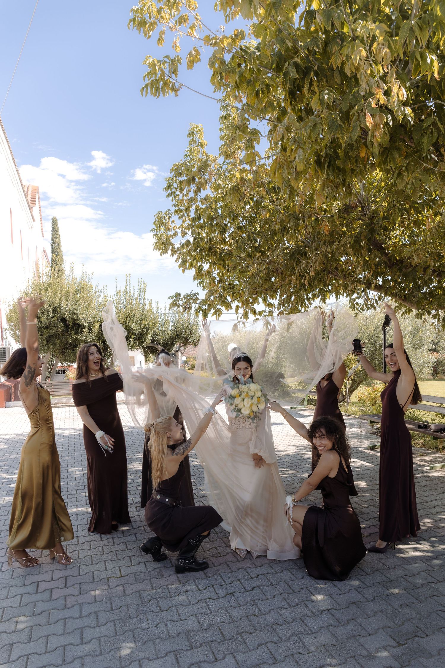 Wedding party poses outdoors with bridesmaids in dark dresses holding the bride's veil in the breeze.