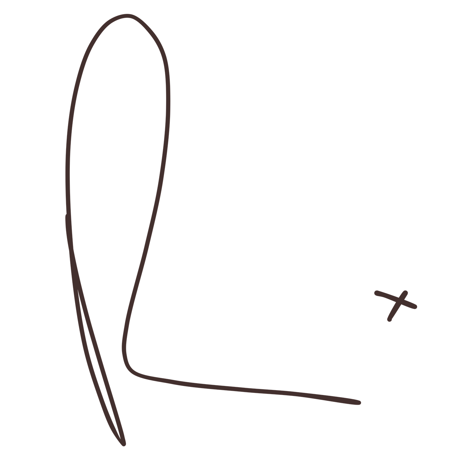 Hand-drawn sketch of a cursive letter L with a small cross symbol on white background.