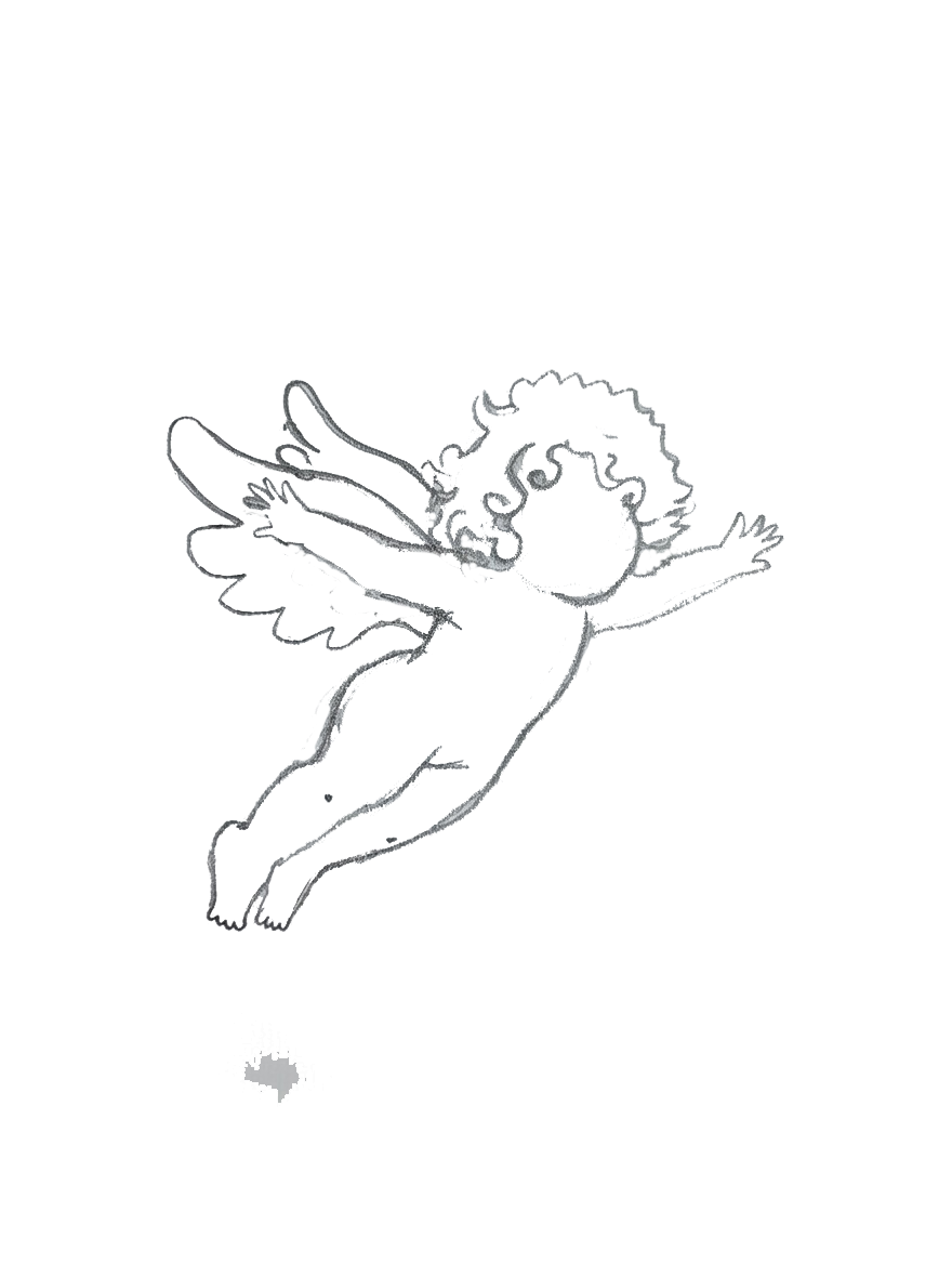 A simple pencil sketch of a cherub or angel with curly hair and wings flying upward in a joyful pose.