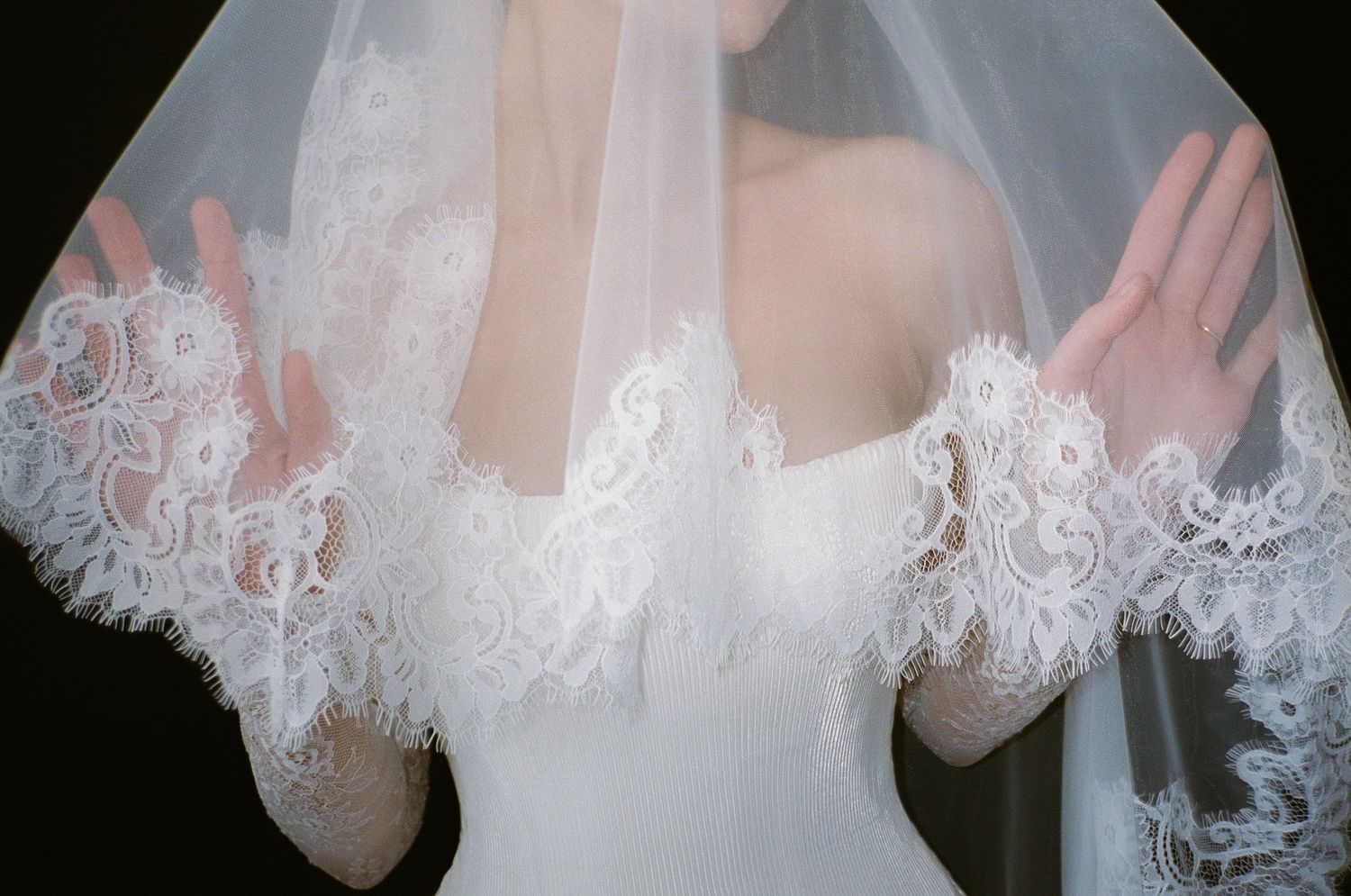 Fine lace detailing and delicate trim on wedding dress sleeves captured in a close-up photo series.