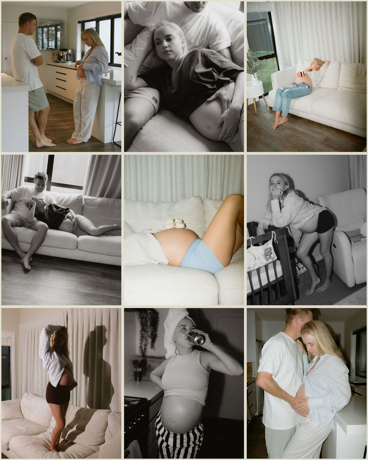 A maternity photo collage featuring a pregnant woman and partner in intimate home settings, showcasing tender moments and baby bump.