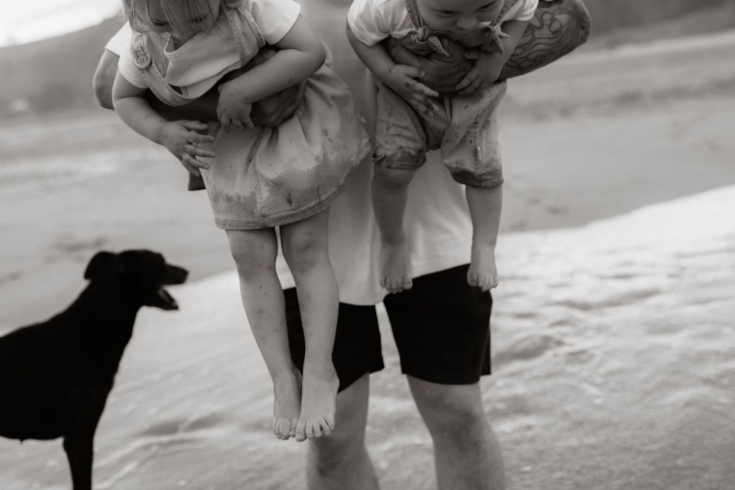 A vintage black and white photo sequence showing a child playing with a black dog on a beach.
