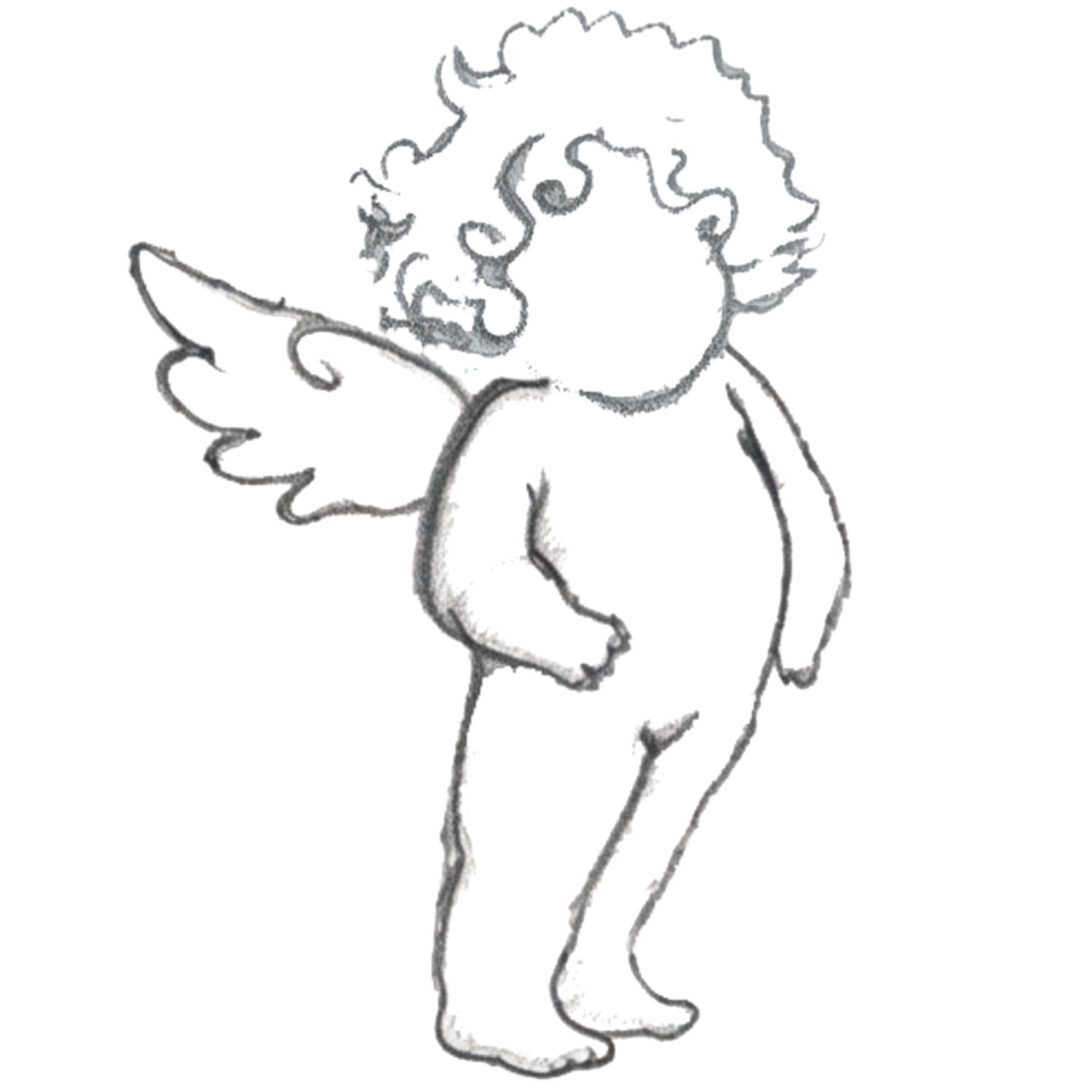 Pencil sketch of a cherub angel with curly hair, small wings, and chubby body standing in profile view.