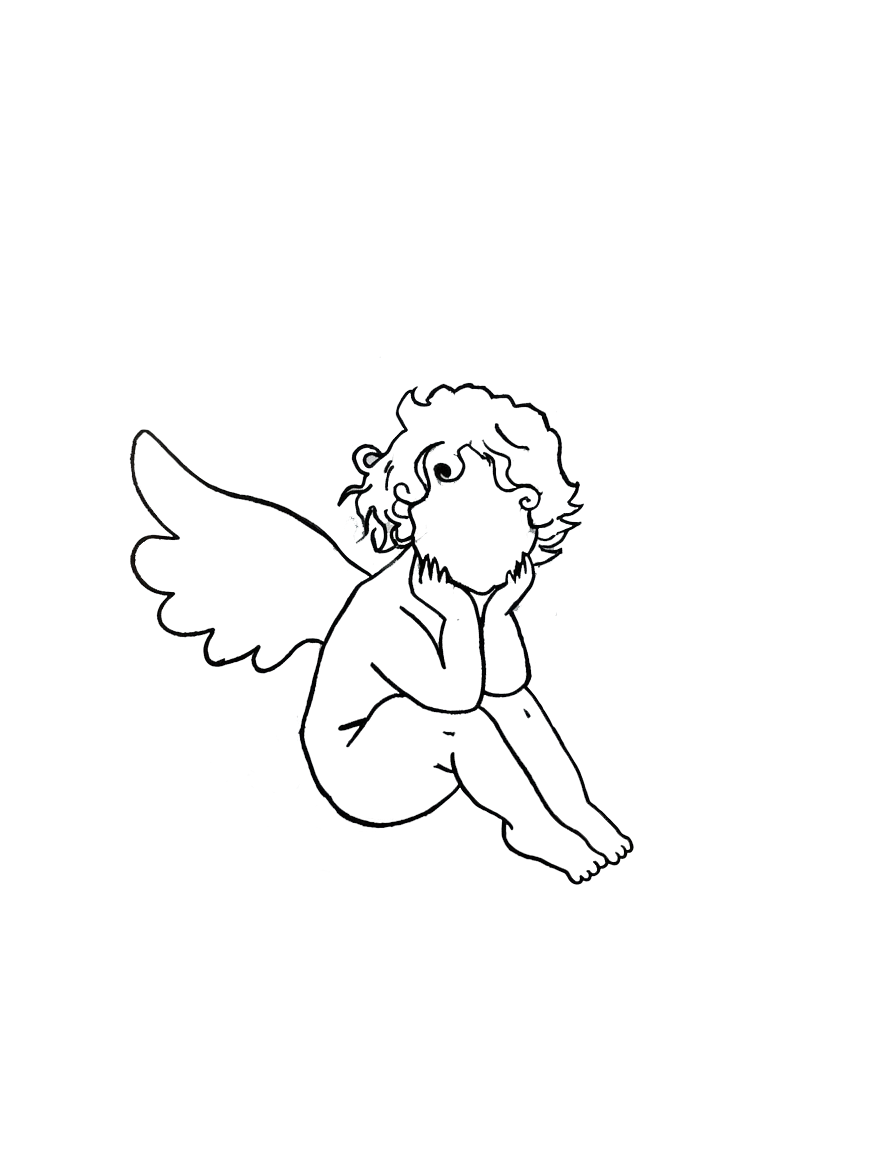 Simple line drawing of a cherubic baby or toddler figure in a minimalist sketched style.
