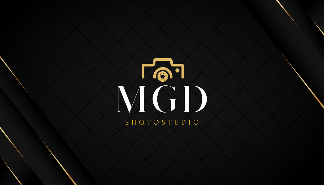 Minimalist black and gold photography studio branding with MGD text.