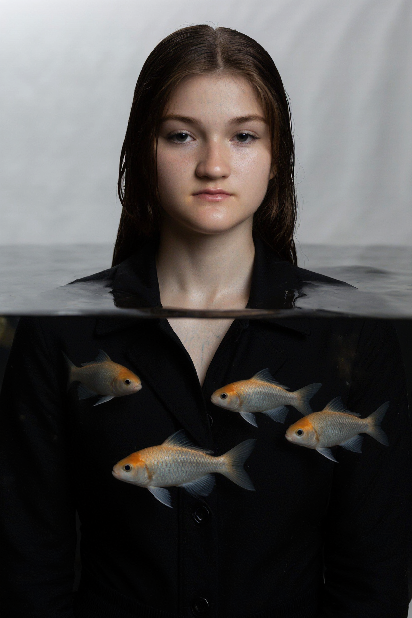 Artistic portrait sequence with goldfish swimming across dark water.