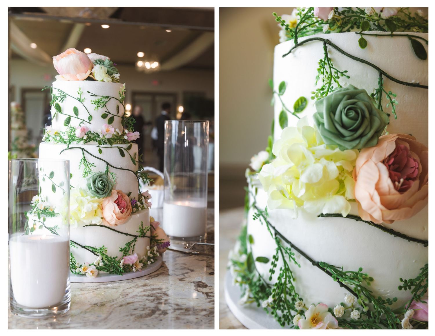 Elegant multi-tiered white wedding cake adorned with pink, green, and peach flowers and lush greenery vines.