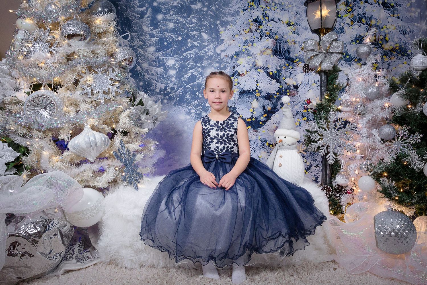 Winter portrait setup with navy blue dresses against snowy backdrop with twinkling lights.