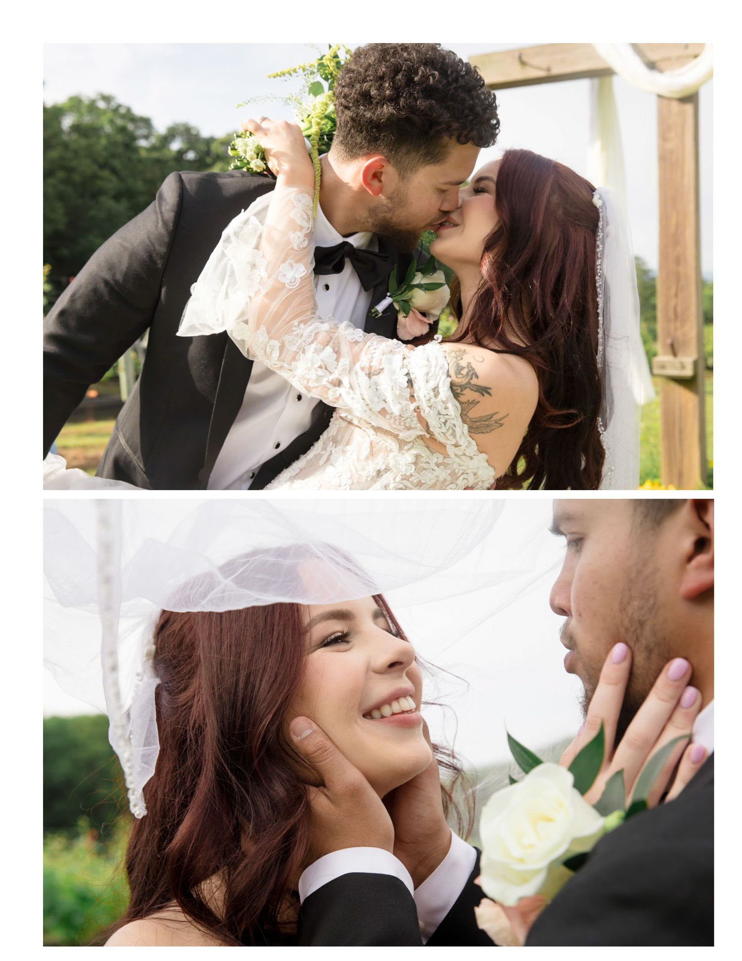 Newlywed couple sharing a kiss at outdoor wedding ceremony, bride in lace gown with veil, groom in black tuxedo.