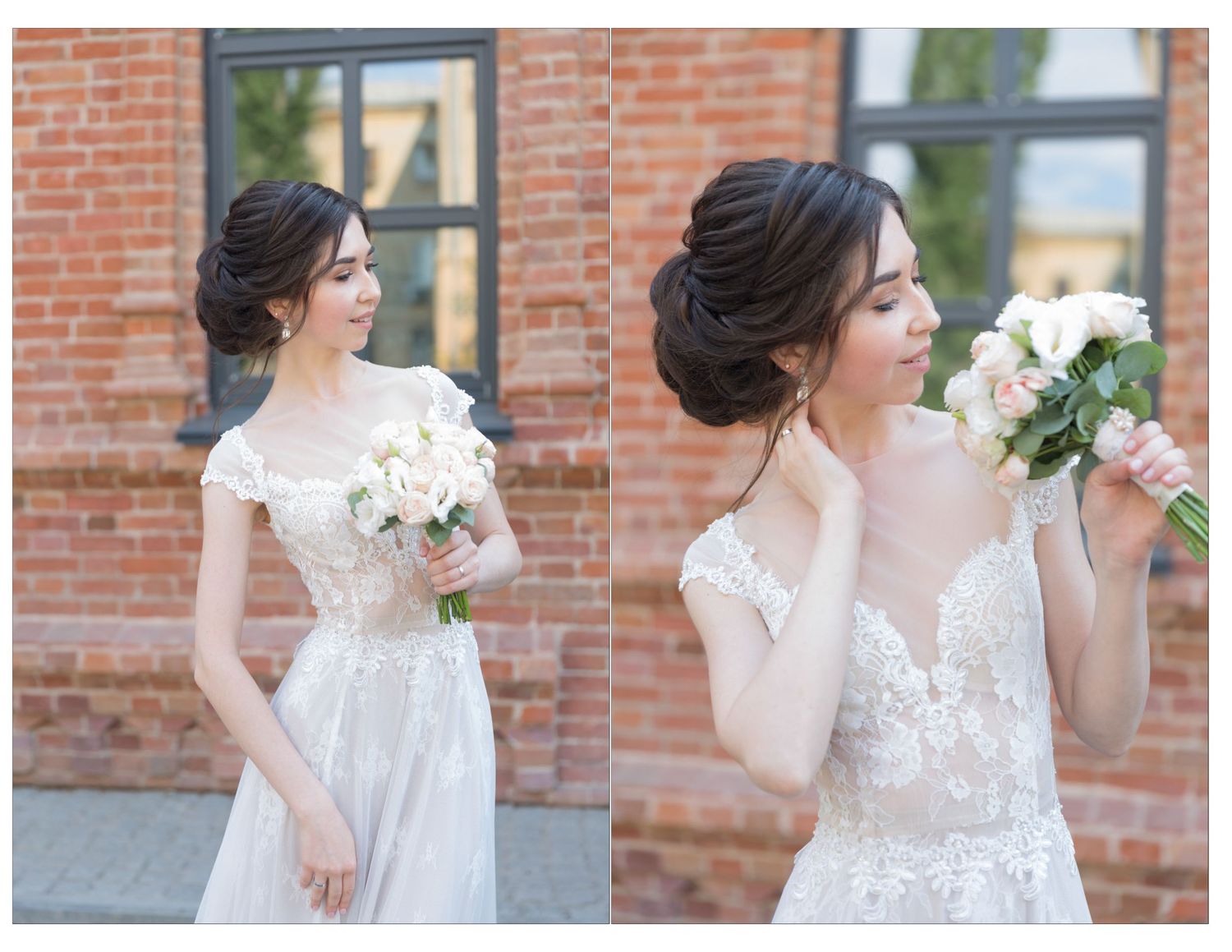 Bride in a white lace wedding gown with an elegant updo holding a bouquet of white and pink roses outdoors.