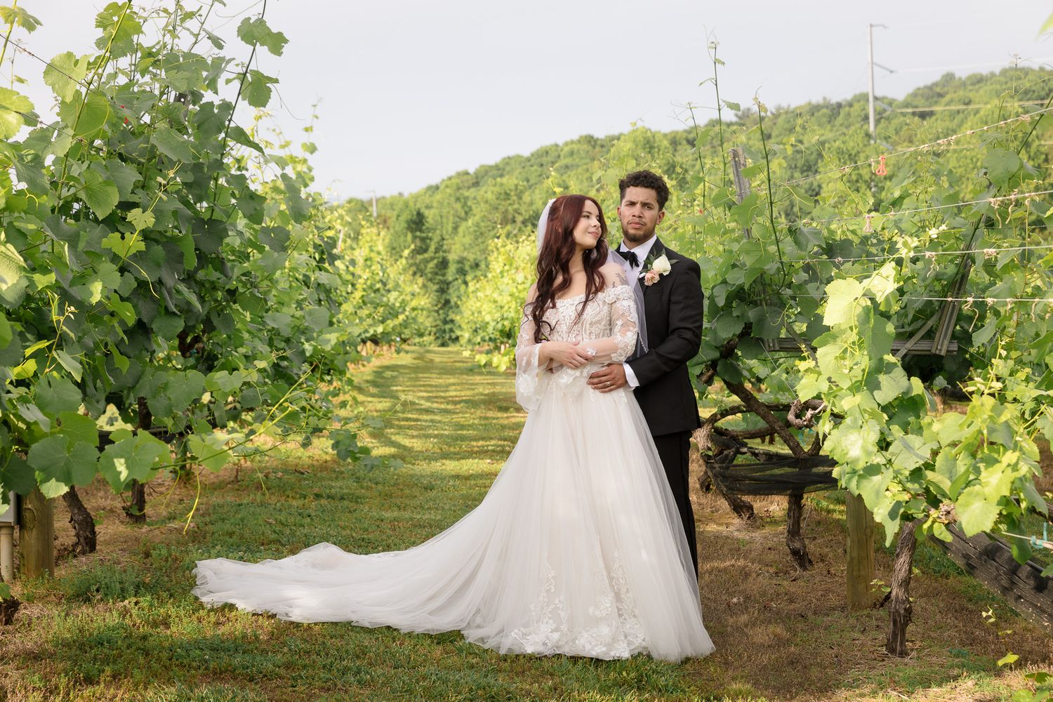 Bride and groom pose romantically among lush green vineyard rows on their wedding day.