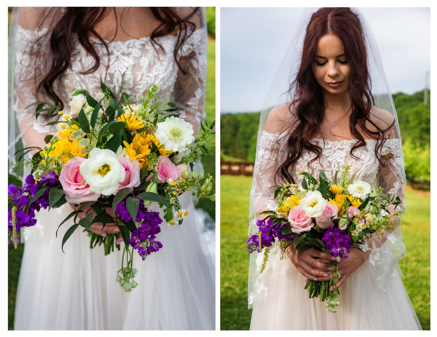 Bride in lace wedding dress holding colorful bouquet with pink, white, yellow, and purple flowers outdoors.