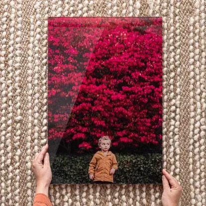 Hands holding photo prints against a knitted background with vibrant red flowers.