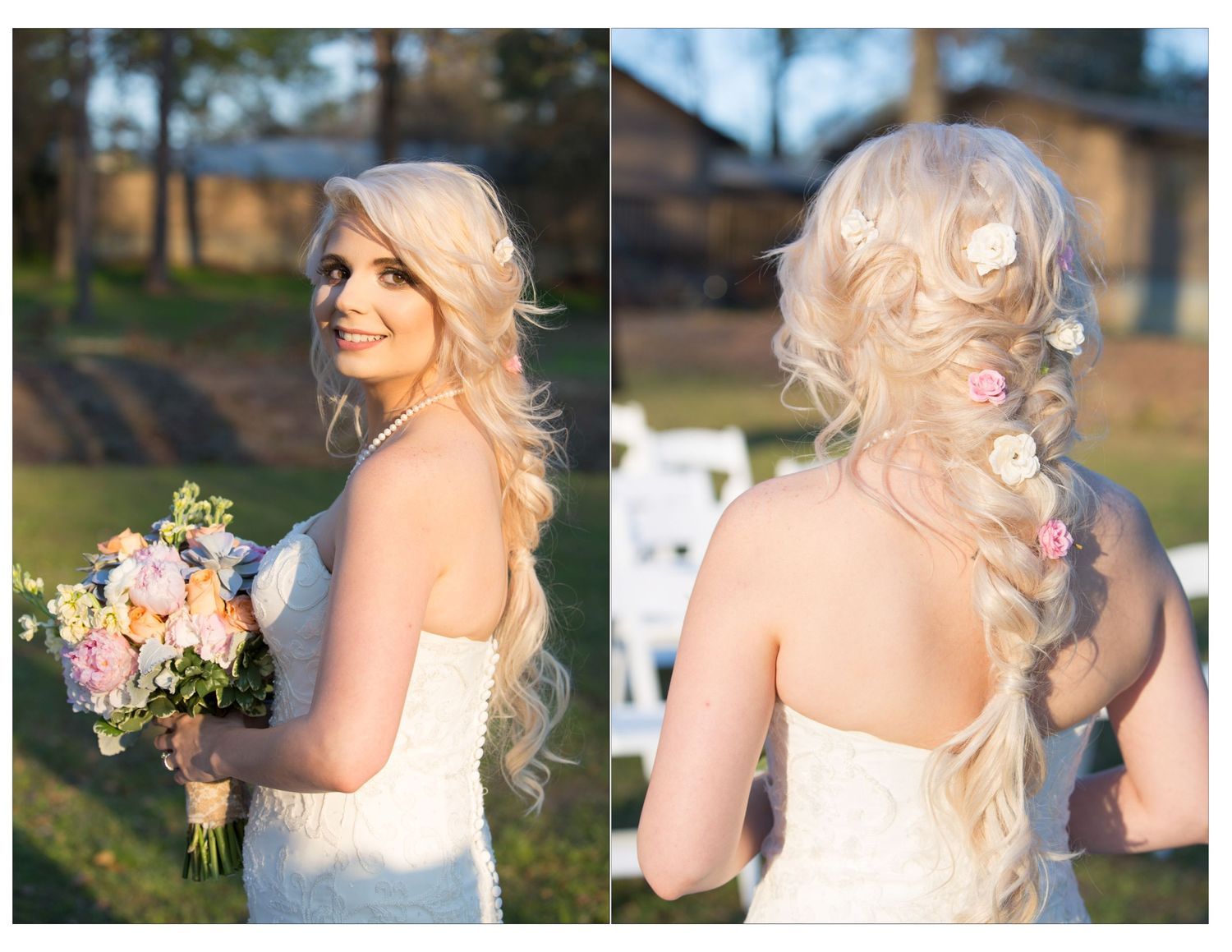Bride with long blonde braided hair adorned with flowers holds pastel bouquet.