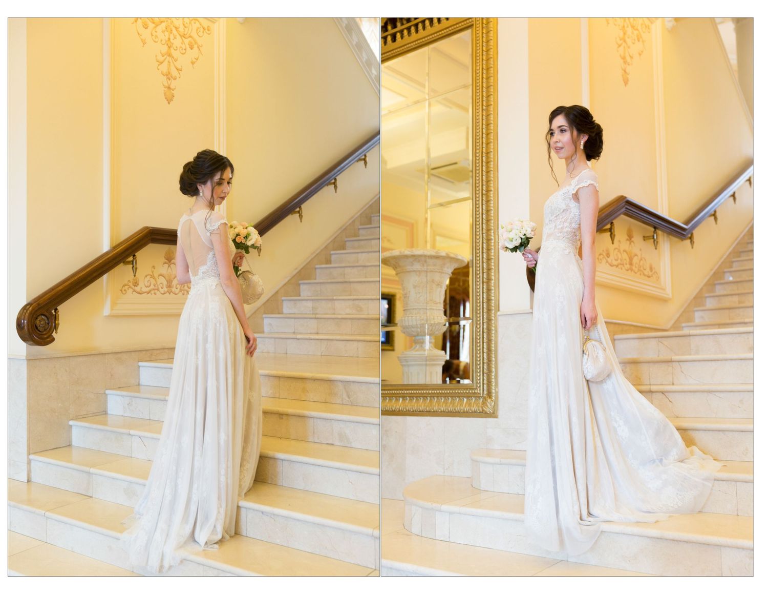 Bride in elegant white gown poses on grand staircase, shown from two angles in ornate venue.