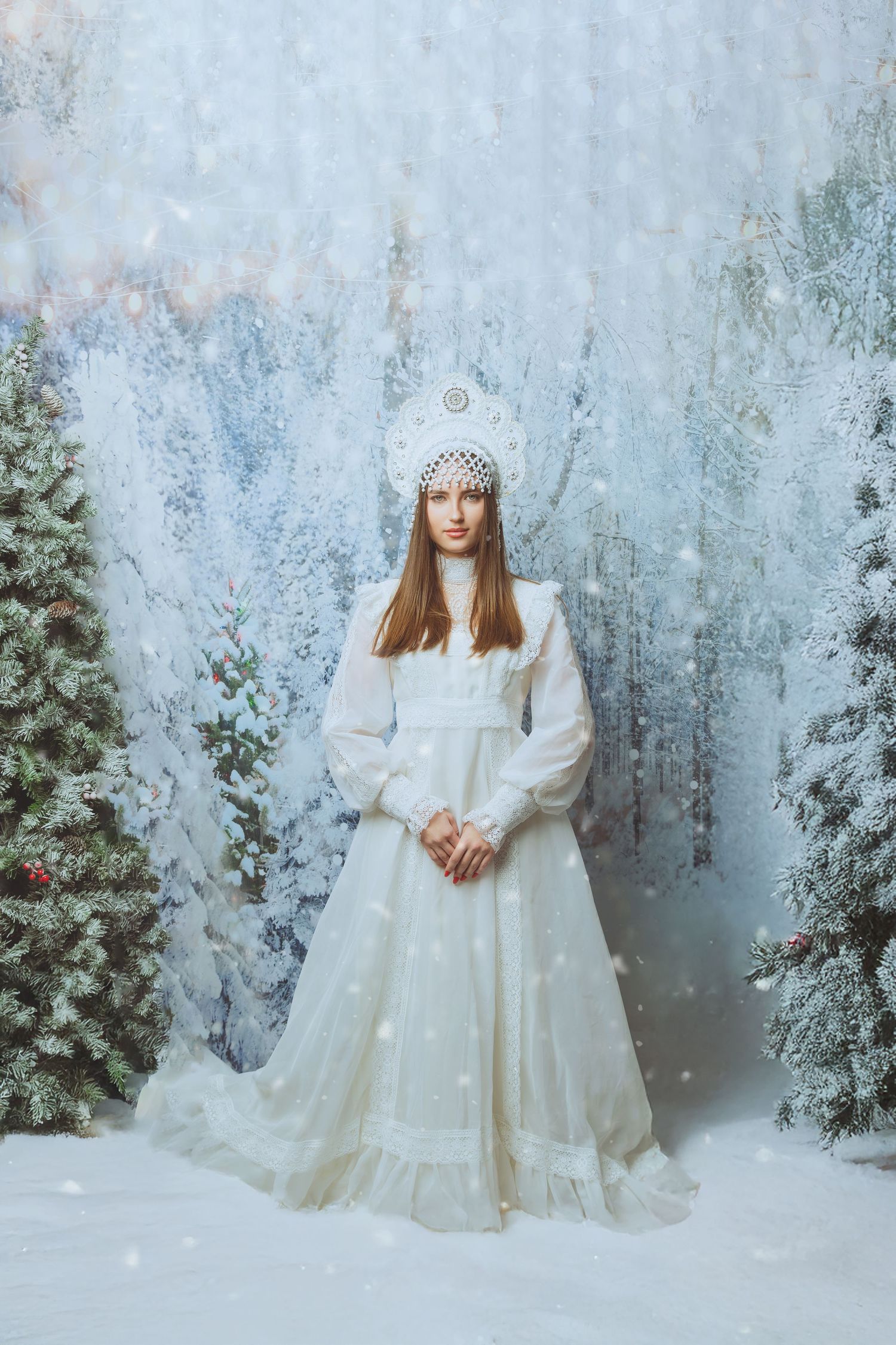 Figure in white flowing dress and winter hat sits in snowy winter wonderland setting.