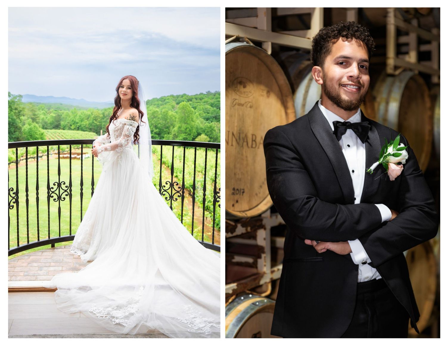 Bride in elegant white lace gown on balcony with mountain views beside groom in black tuxedo at winery.