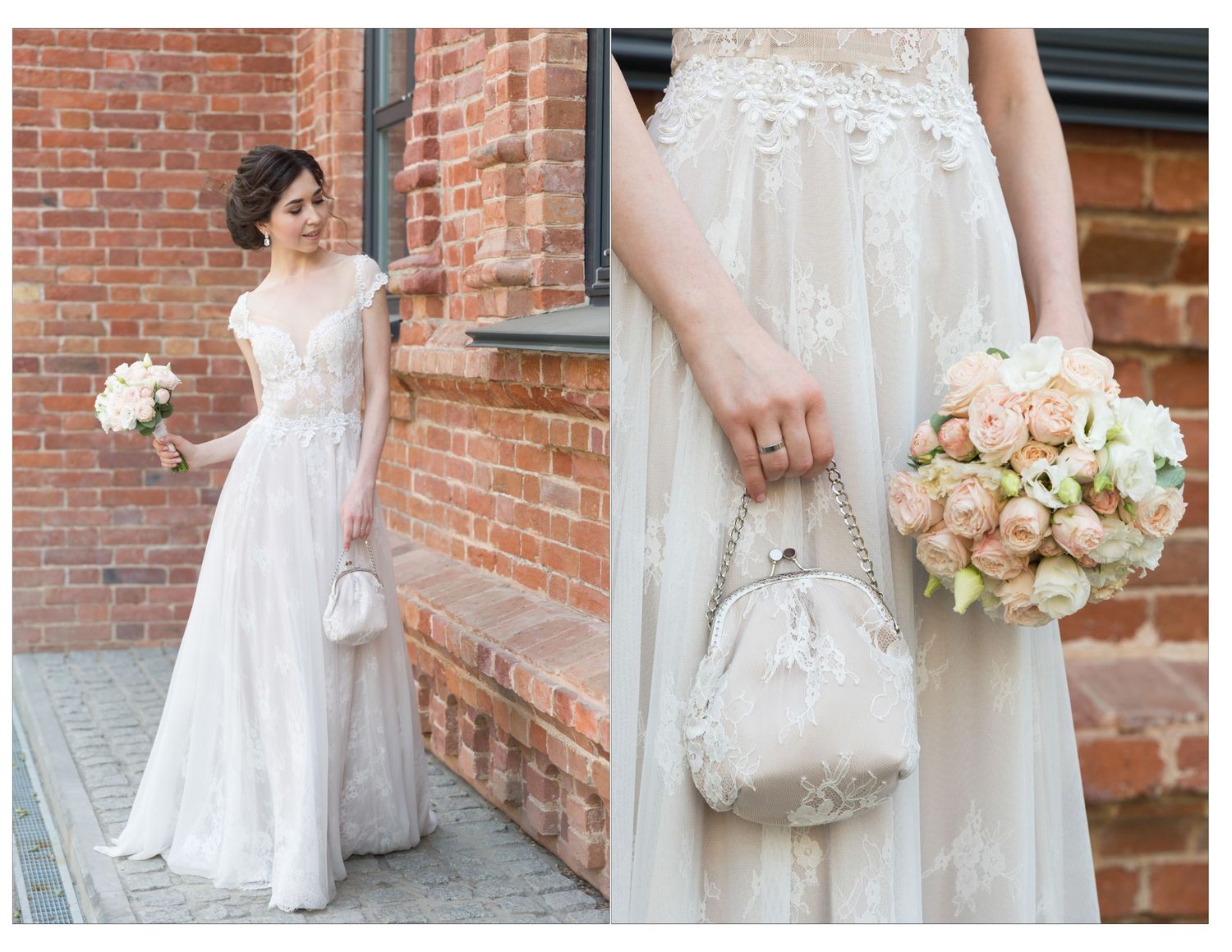 Bride in lace A-line wedding gown holding pink bouquet, posing near brick wall, with close-up of pearl handbag.