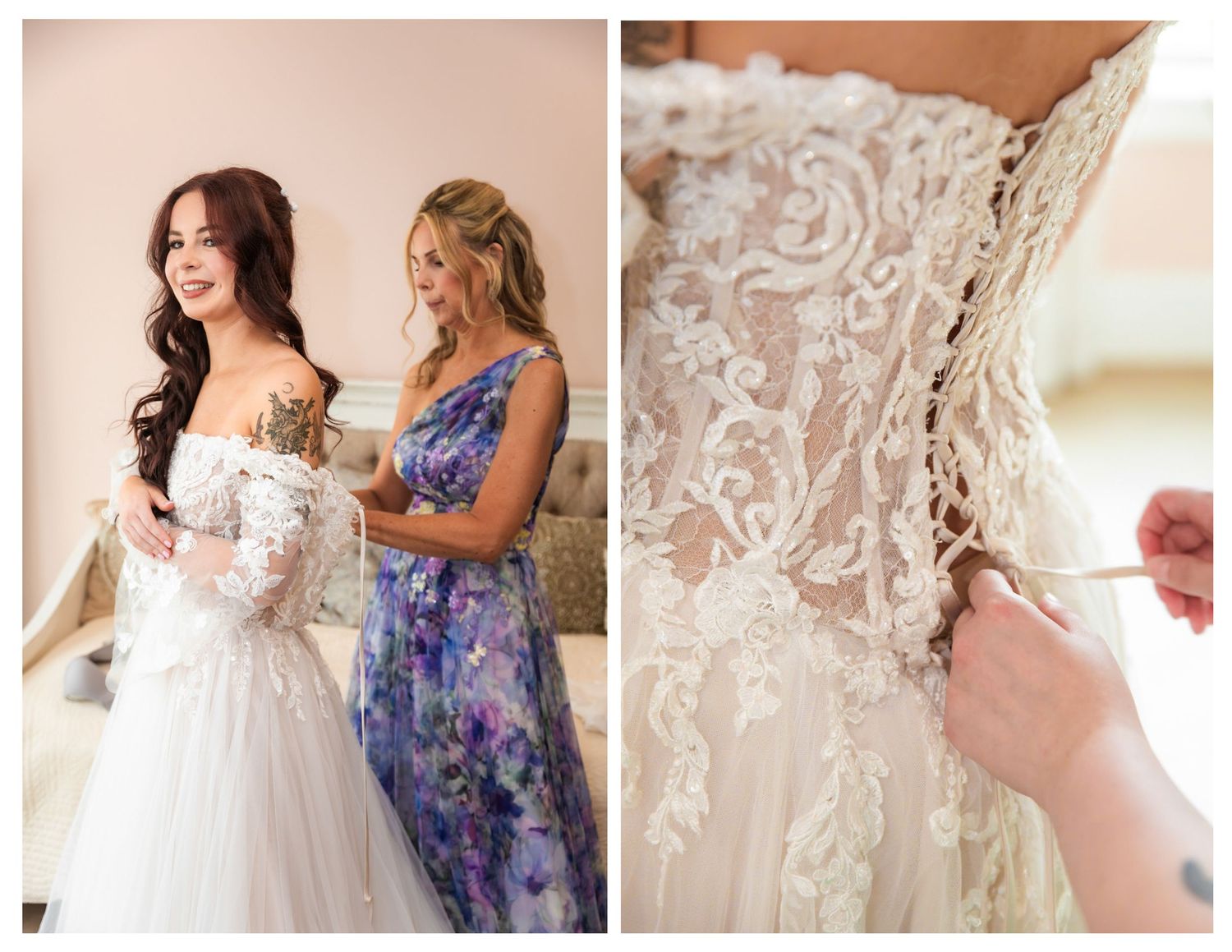 Bride in lace wedding gown being helped by bridesmaid in floral dress, with back corset detail close-up.