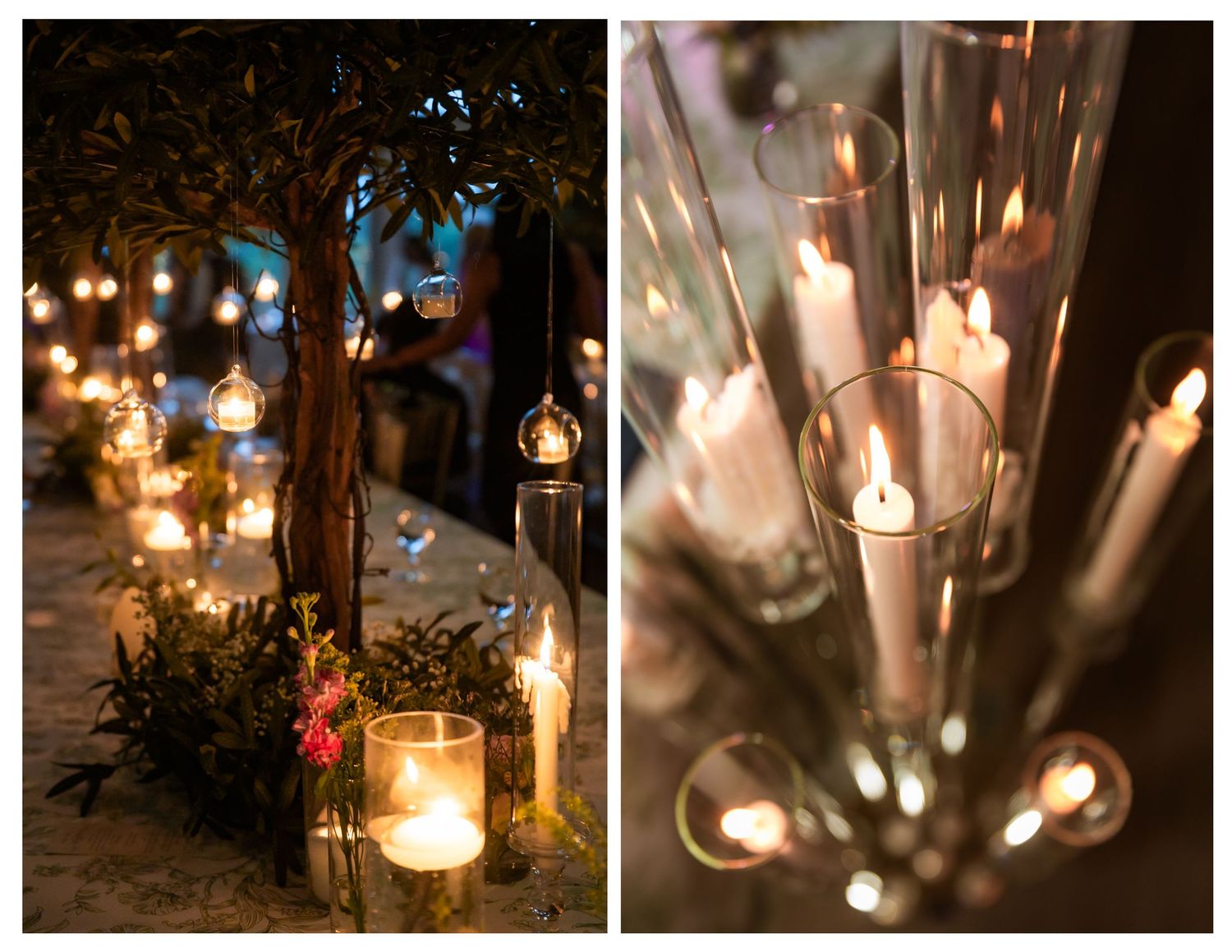 Elegant wedding reception with glowing candles in glass holders and hanging lanterns illuminating a romantic candlelit table setting.