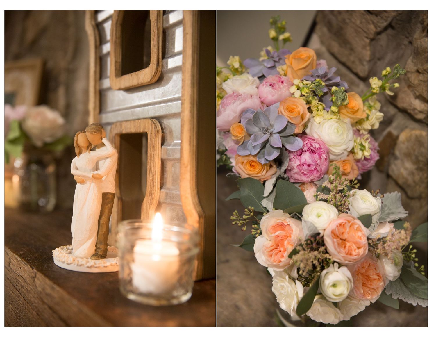 Rustic wedding decor with wooden cake topper, candle, and a colorful bridal bouquet of peach, pink, and blue flowers.