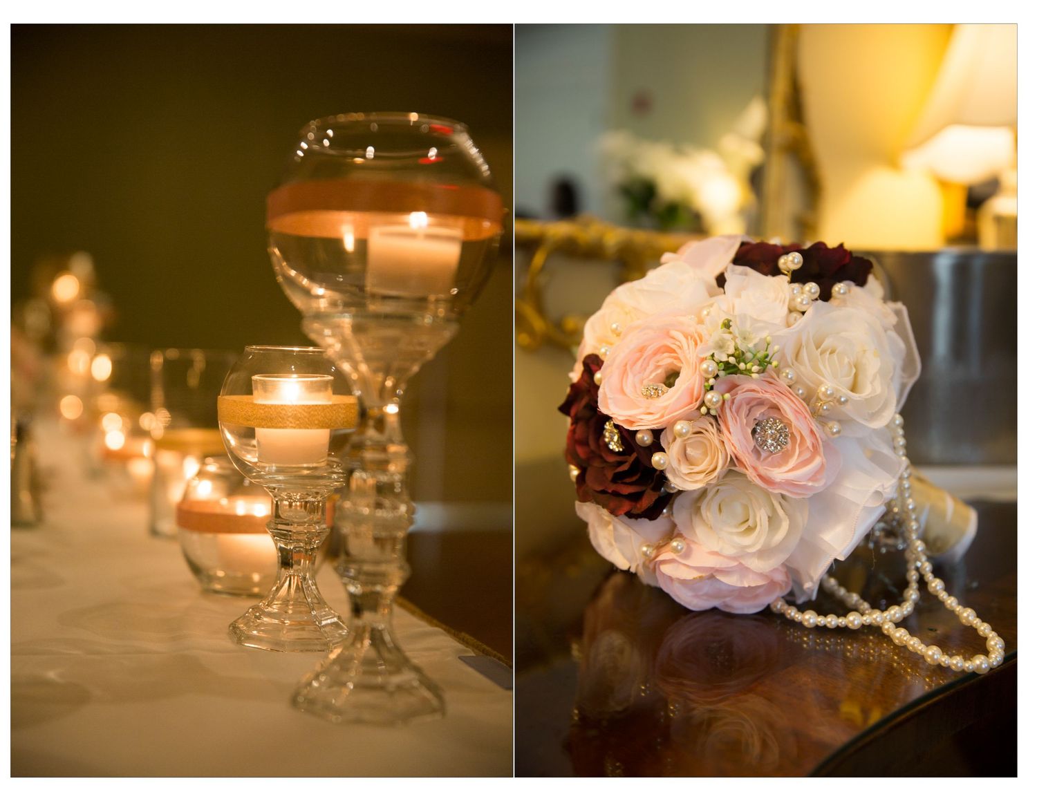 Elegant wedding table with crystal candle holders and a bridal bouquet of pink, white, and burgundy roses with pearl accents.
