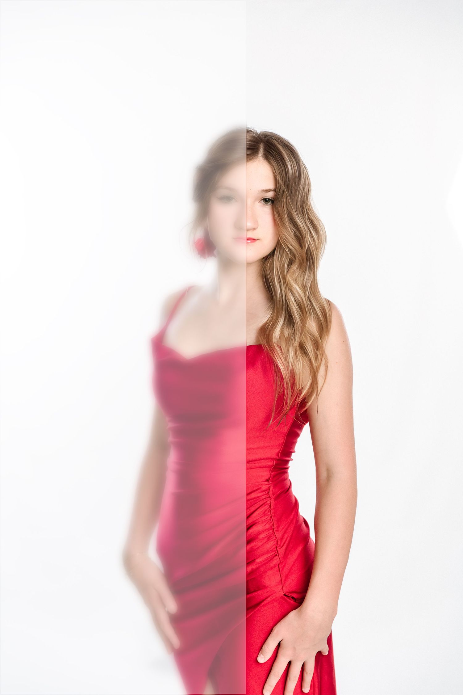 Fashion sequence showing movement in red dress against white backdrop.