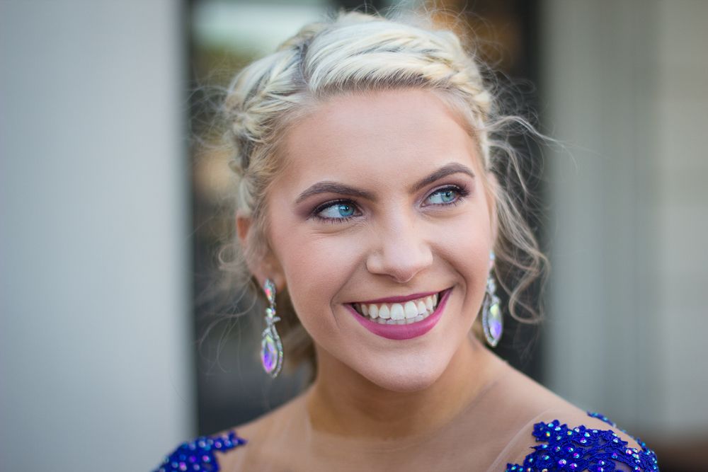 Close-up portrait series showing elegant makeup and hairstyling with a blue formal gown.
