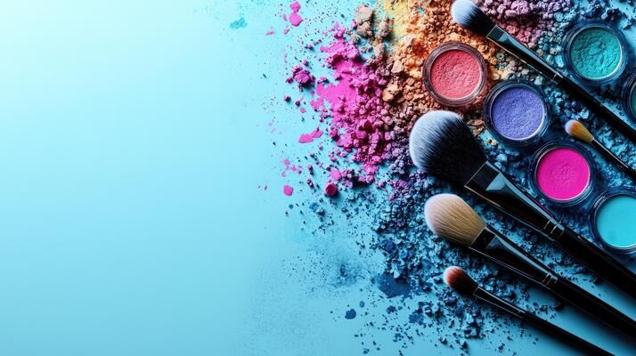 Scattered makeup products and brushes on blue background with pink and purple powder.