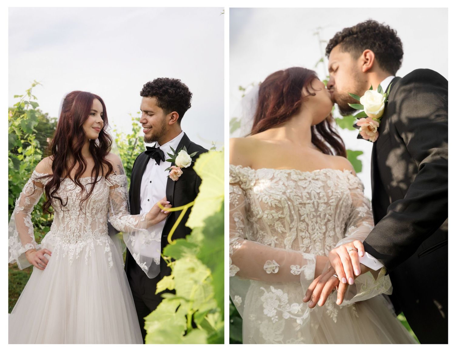 Bride in lace off-shoulder gown and groom in tuxedo share romantic wedding portraits in a lush garden setting.