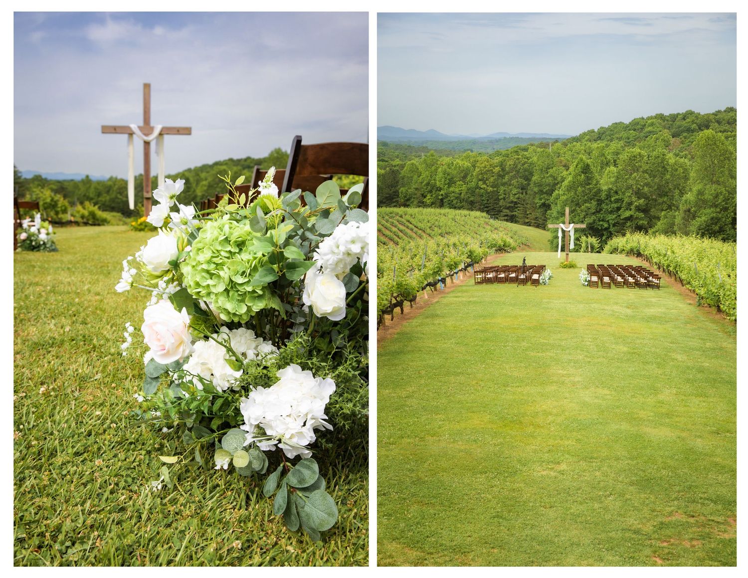 Outdoor wedding venue with white floral arrangements, a cross, and vineyard rows set against a lush green mountain backdrop.