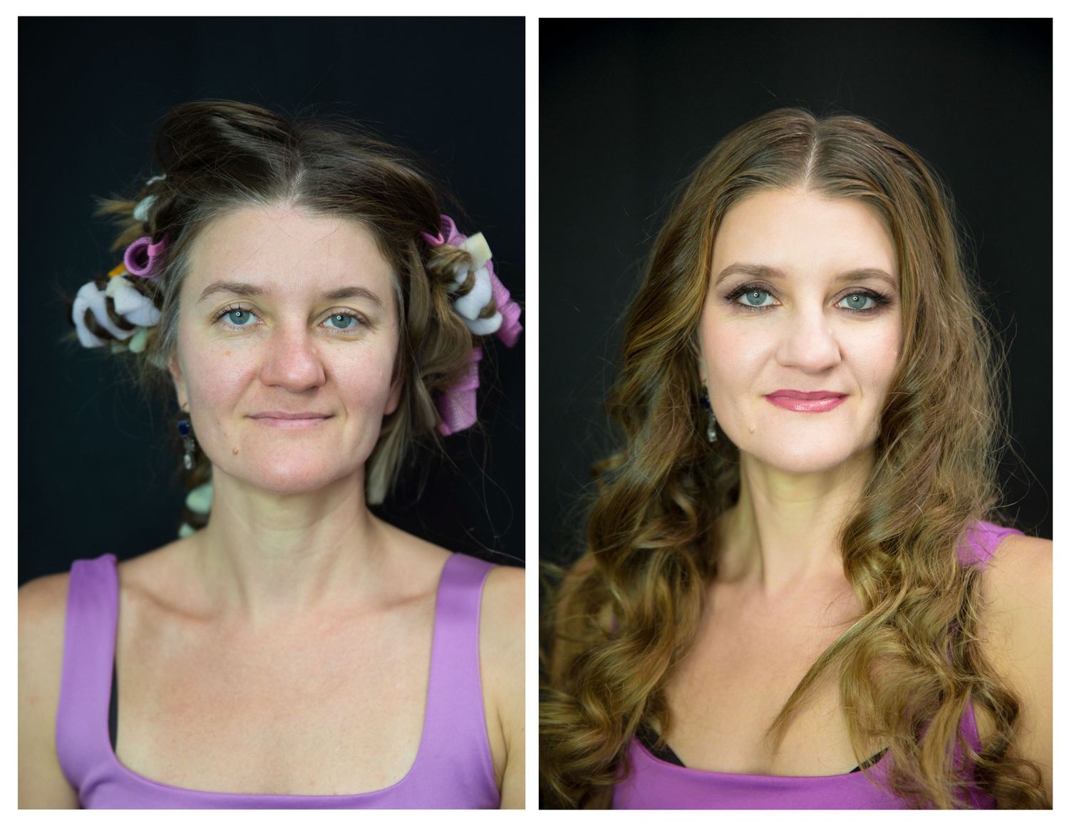 Playful headshots with purple hair accessories against dark background.