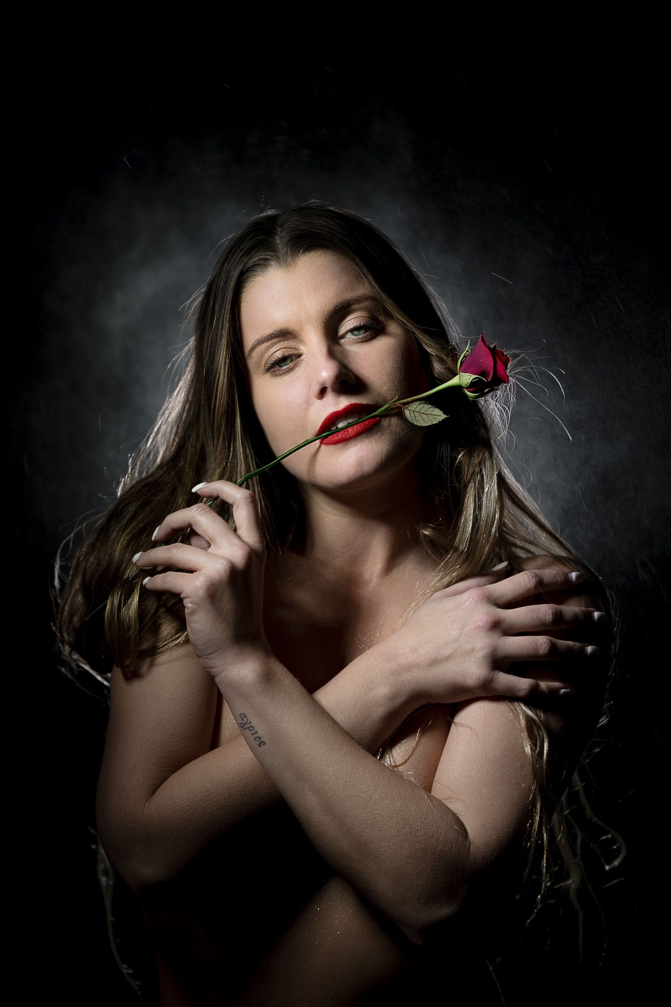 Artistic portrait series showing a rose stem held between lips against a dark dramatic background.
