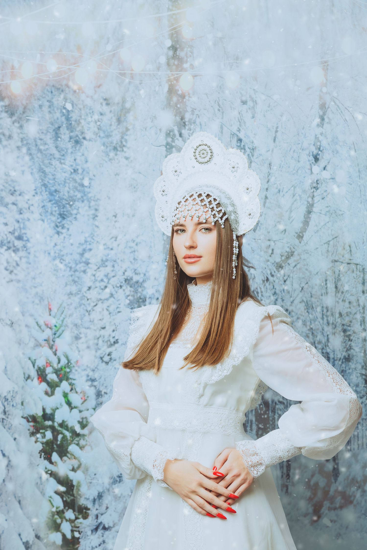 Model in white winter dress and knit hat poses against snowy backdrop.