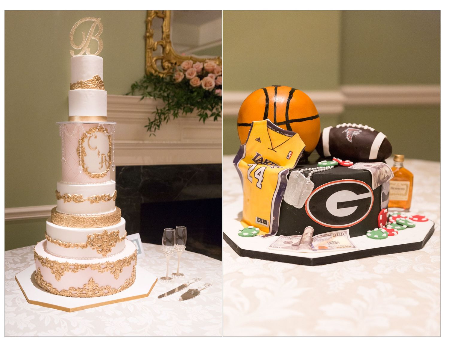 Elegant white wedding cake beside a sports-themed groom's cake featuring basketball, football, Georgia Bulldogs, and whiskey decorations.