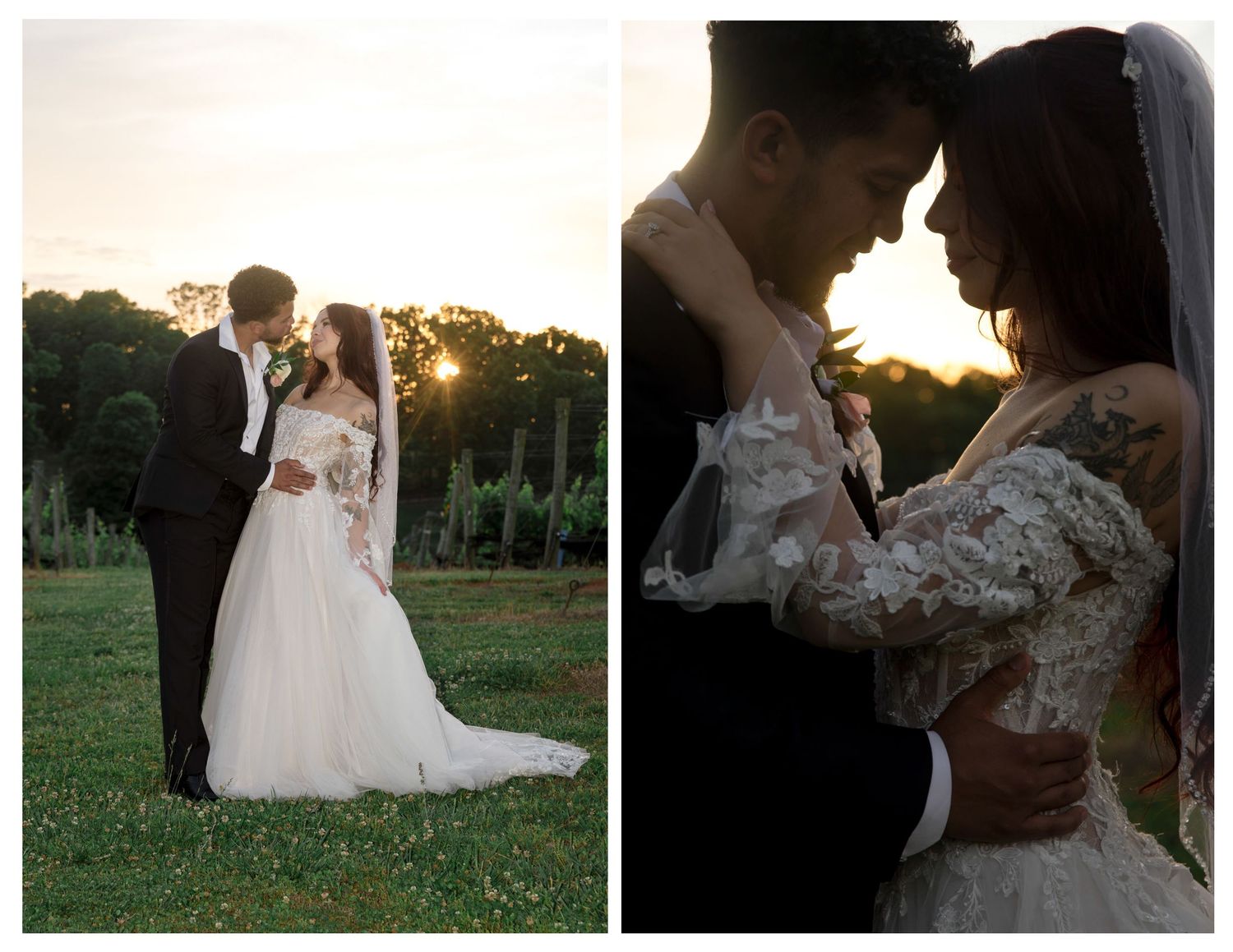 Bride and groom share a romantic sunset moment at a vineyard, bride wearing a lace long-sleeve wedding gown with veil.