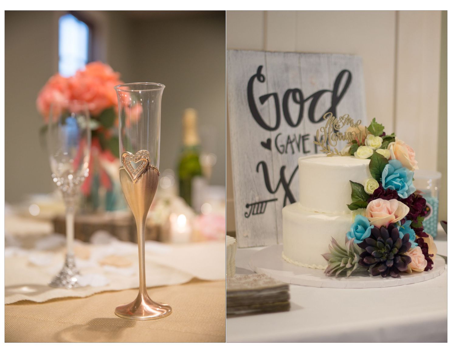 Elegant wedding champagne flute with heart detail beside a two-tier white cake and God Gave Me You sign.