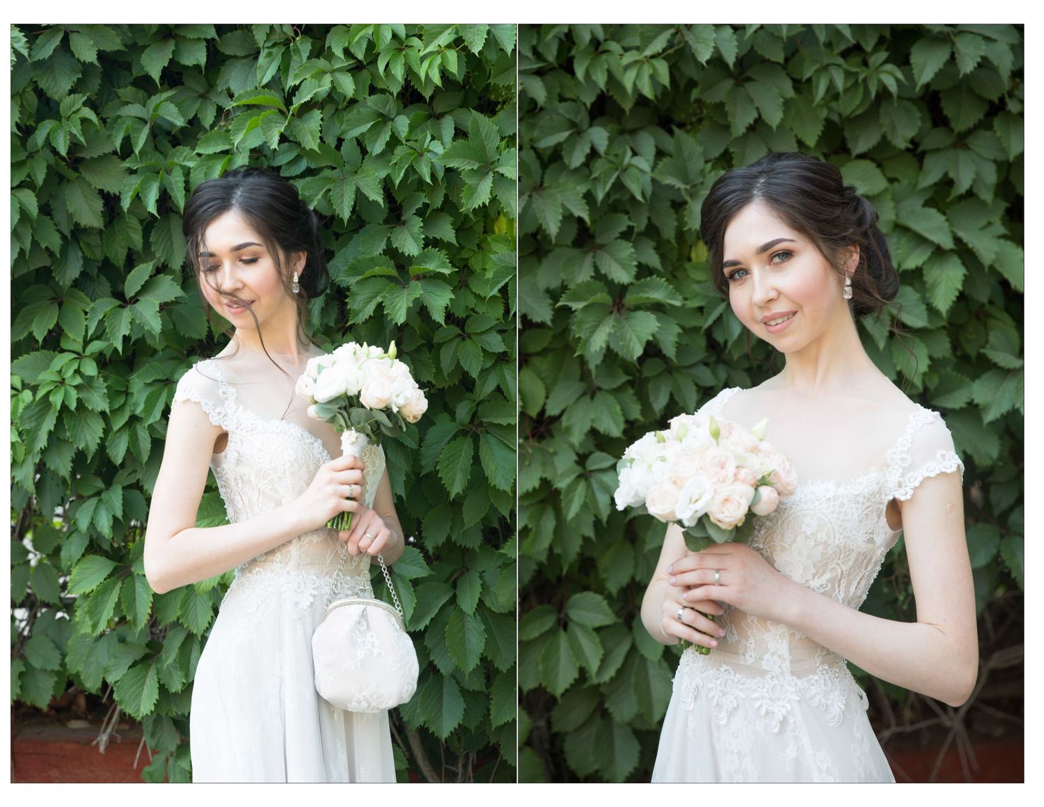 Elegant bride in white lace dress holding white peony bouquet, posing before lush green ivy wall backdrop.
