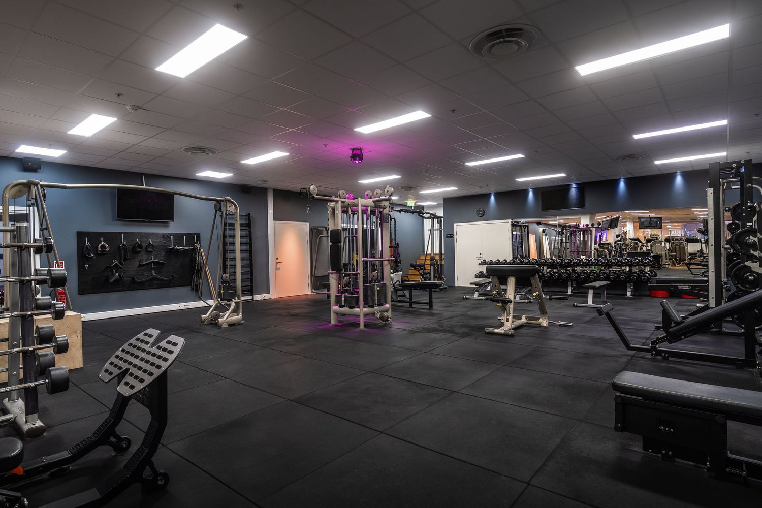 Spacious fitness center featuring weight machines, rubber flooring, and blue accent lighting.