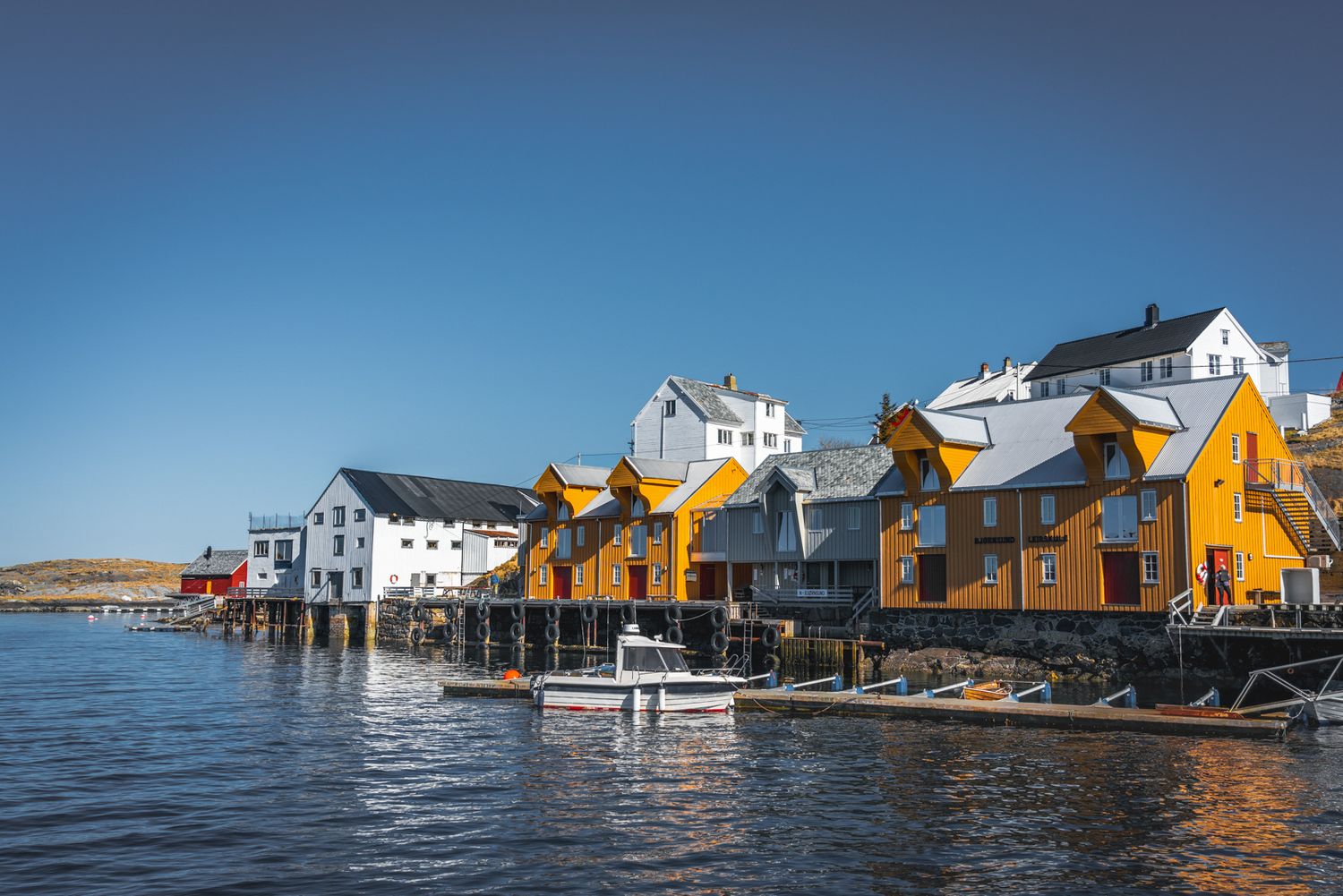 Colorful waterfront houses and buildings line a Norwegian harbor under bright blue skies.