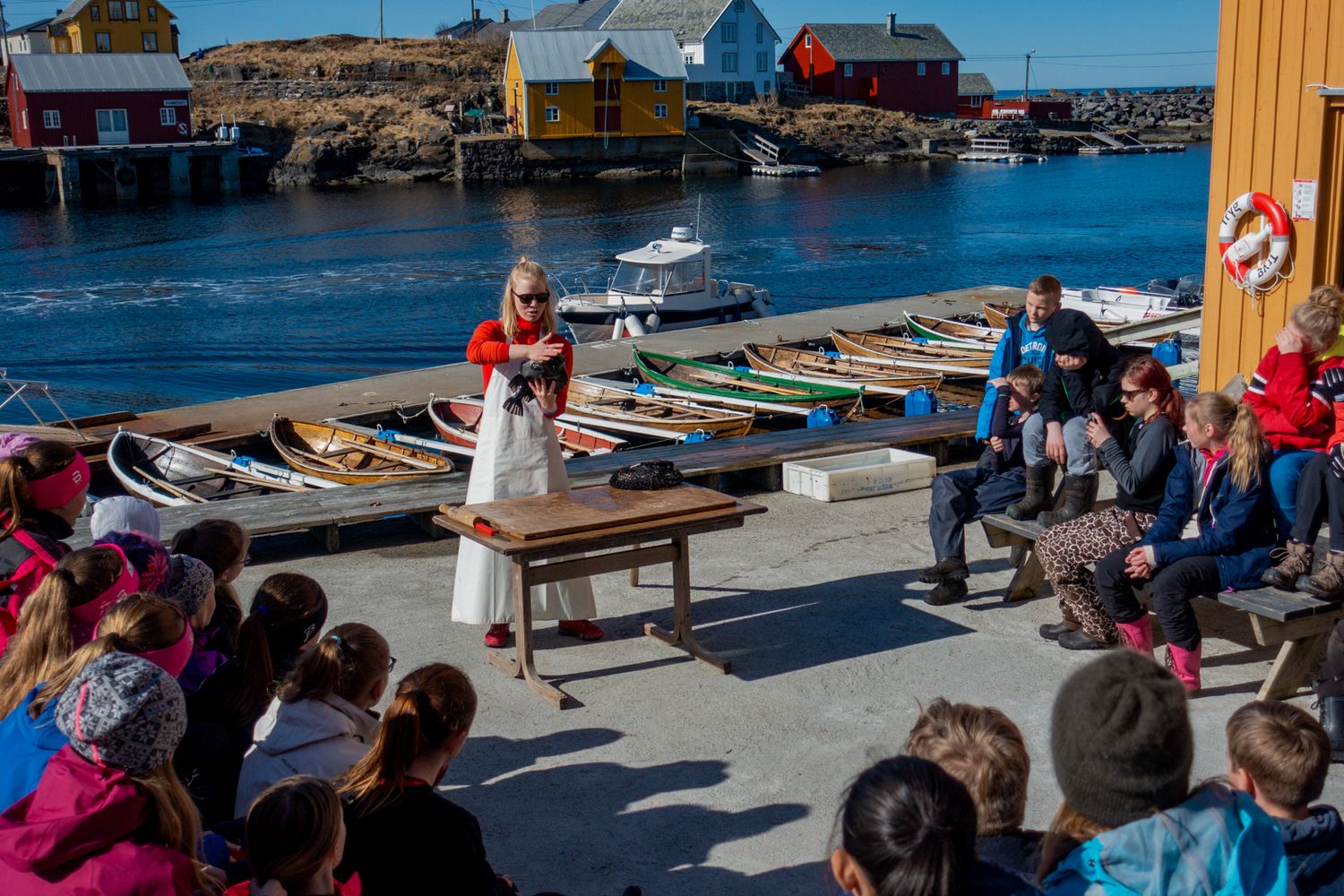 Group demonstration by harbor with colorful boats and blue buildings in background.