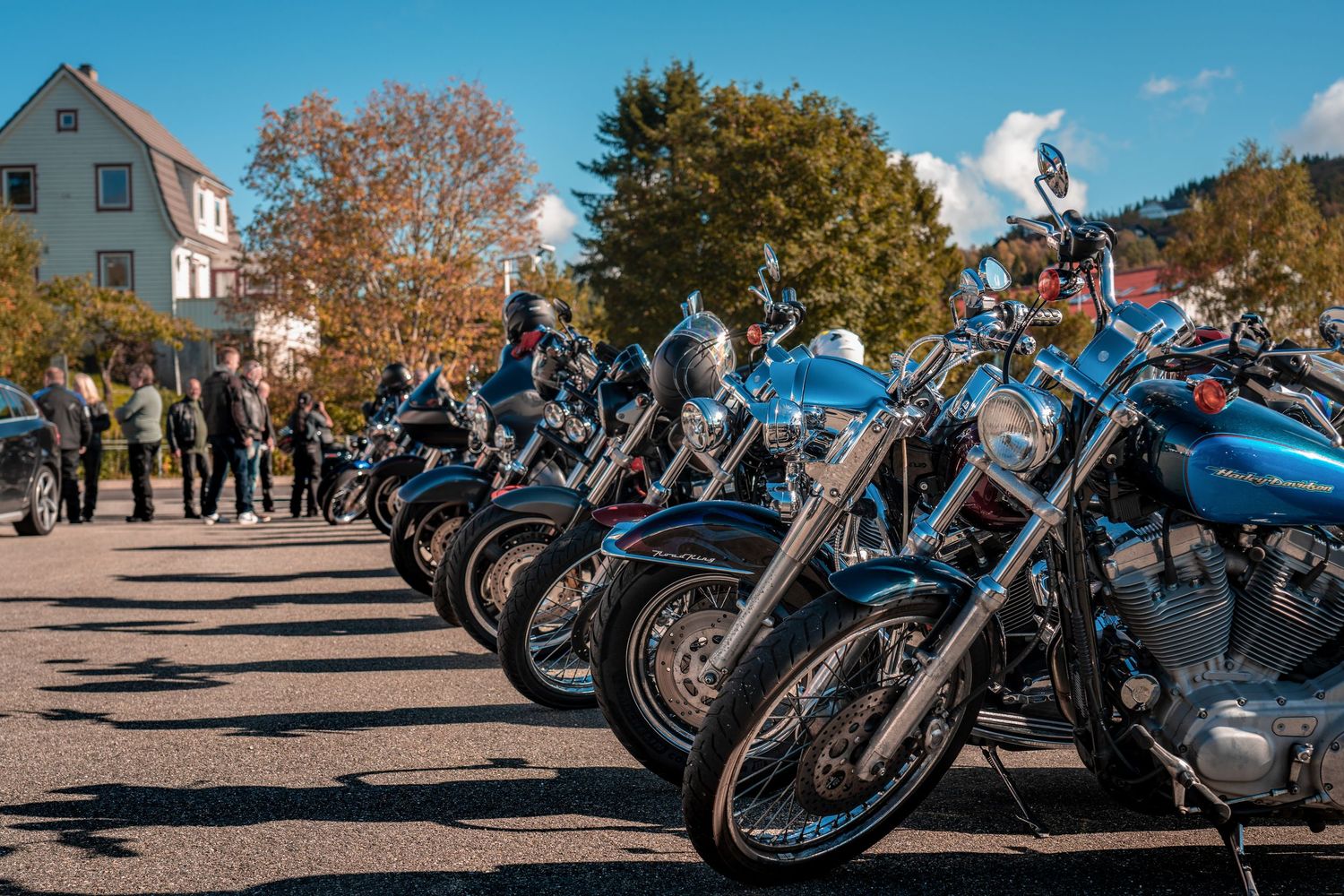 Row of shiny Harley-Davidson motorcycles lined up at an outdoor event.